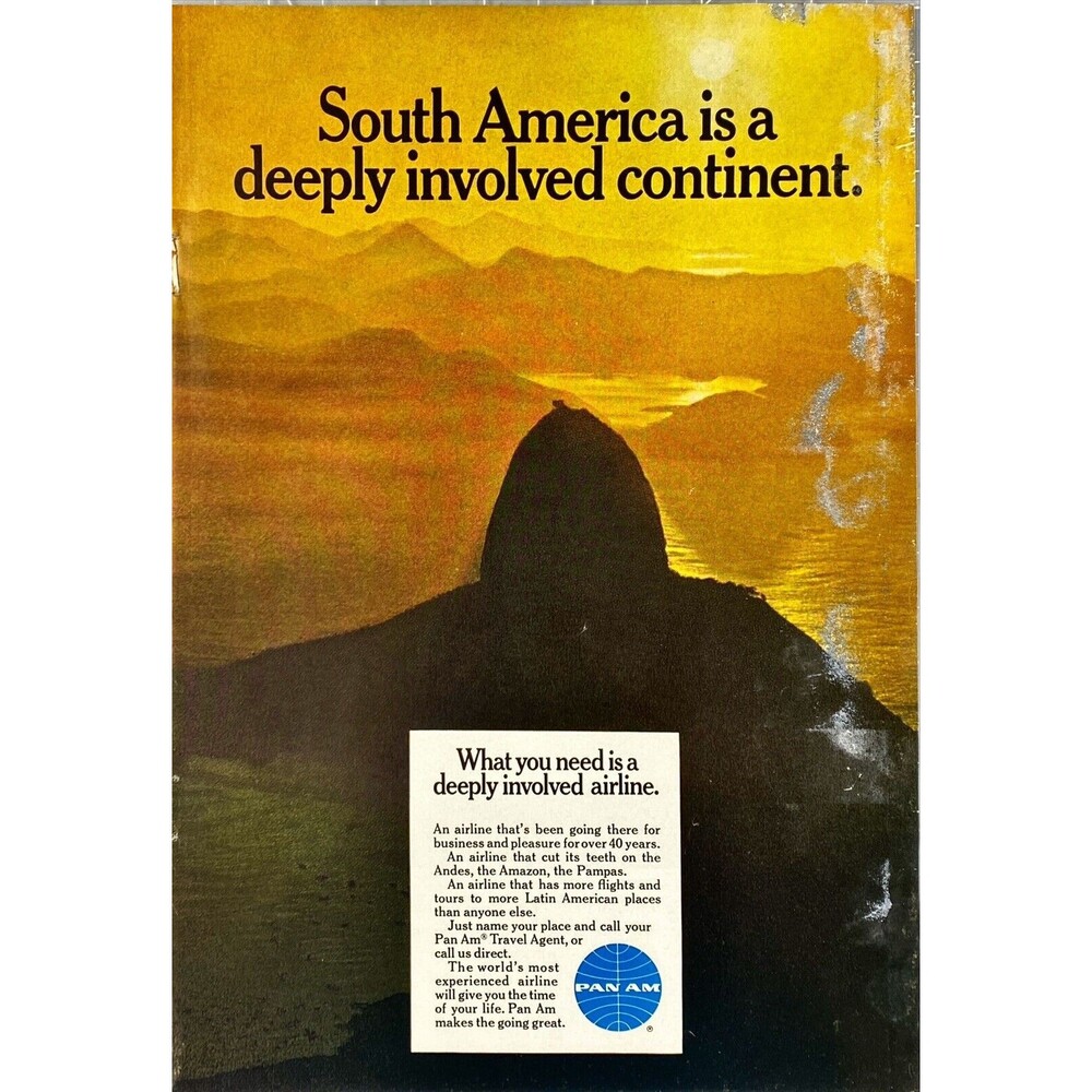 Pan Am Air Line "South America going for over 40 Years" Vintage Print Ad 1969